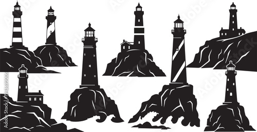 Collection of black and white lighthouse illustrations on rocky islands