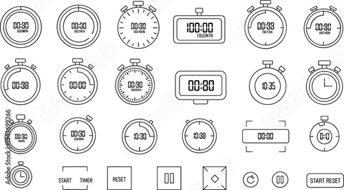 Stopwatch and timer interface icons collection with digital countdown displays, sport chronometer symbols and time measurement controls outline vector illustration set