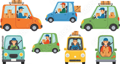 Delivery driver with package boxes driving small cargo cars collection, courier service transportation concept, logistics shipping vehicles cartoon vector illustration set