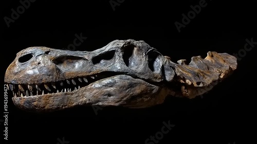 Ancient Tyrannosaurus Rex Skull Fossil Displayed Against Black Background.