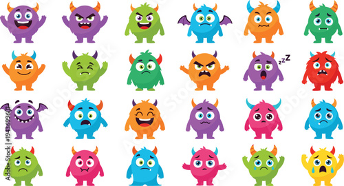 Cute colorful cartoon monster characters collection with funny expressions, horns and different emotions, playful fantasy creatures vector set for kids design and stickers
