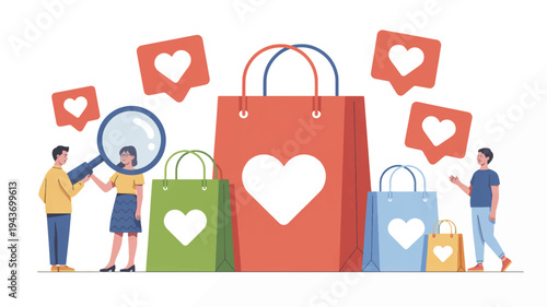 People shopping with heart shaped bags and social media likes