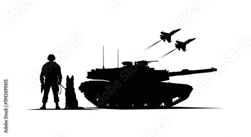 Silhouette of Soldier, Military Dog, Tank, and Fighter Jets in Formation