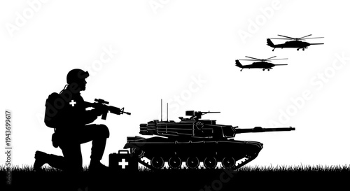 Silhouette of Soldier with Tank and Helicopters, Military Operation Scene