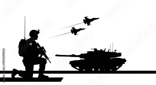 Silhouette of Soldier, Tank, and Fighter Jets in Formation