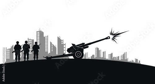 Silhouette of soldiers and artillery firing in a destroyed city skyline