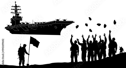 Silhouette of soldiers celebrating victory with aircraft carrier and flag