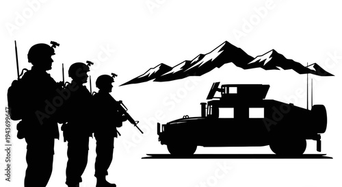 Silhouette of soldiers and military vehicle against a mountain backdrop