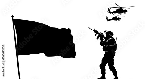 Silhouette of Soldier with Rifle, Black Flag, and Helicopters on White Background