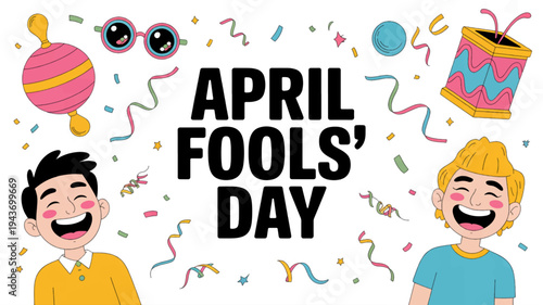 Two friends laughing on april fools' day with colorful confetti and prank items around them