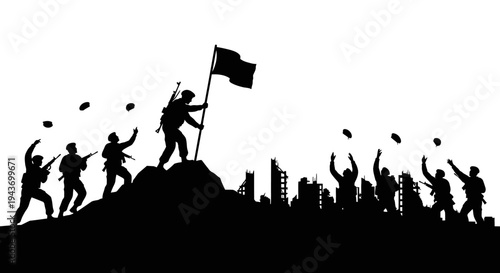 Silhouette of soldiers raising flag on destroyed city ruins, victory and triumph concept