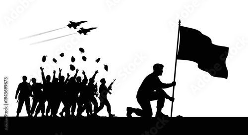 Silhouette of Soldiers Raising Flag with Fighter Jets Flying Overhead