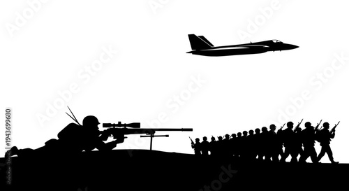 Silhouette Sniper Aiming at Marching Soldiers with Fighter Jet Overhead