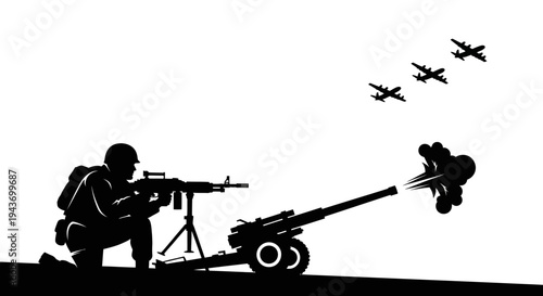 Silhouette Soldier Fires Artillery Gun Against Attacking Airplanes