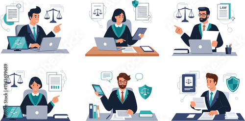 Professional lawyers and legal advisors working at desks with laptops and documents, modern law office concept illustration set with justice symbols and legal technology