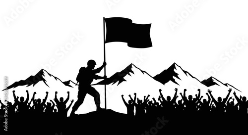 Silhouette Soldier Planting Flag on Mountain Peak with Cheering Crowd