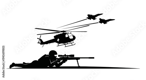 Sniper Aiming Rifle with Military Helicopter and Fighter Jets Flying Overhead
