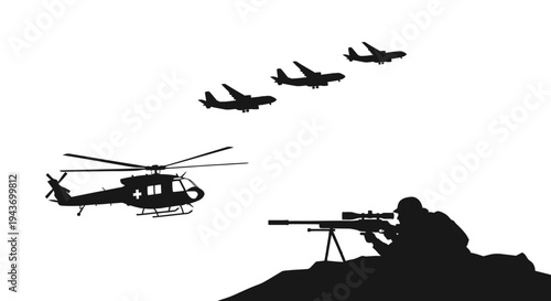 Sniper aiming at helicopter with fighter jets flying in formation