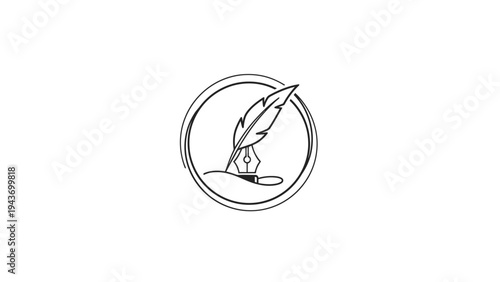 Vintage Quill Pen and Inkwell Emblem.