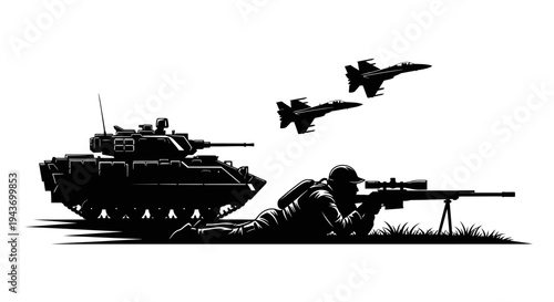 Sniper Aims Rifle Beside Tank with Fighter Jets Flying Overhead - Military Action Silhouette