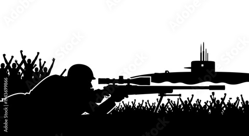 Sniper Aims at Submarine Amidst Silhouette Crowd and Grass