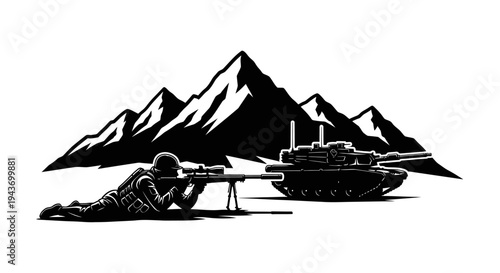 Sniper Soldier Aiming Rifle Beside Tank with Mountain Background, Military Combat Scene