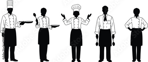 Chef silhouette collection, professional cook characters, kitchen staff silhouettes, cooking uniform people set, restaurant chef vector illustration isolated