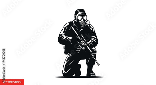 Soldier in Gas Mask with Rifle, Crouching on Knee, Black and White Vector Art