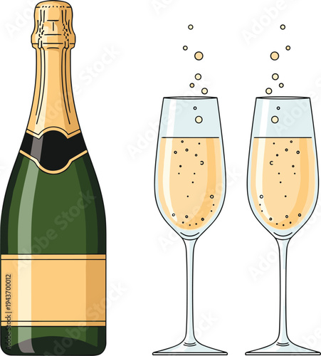Champagne bottle and sparkling wine glasses with bubbles, celebration toast vector illustration for party, wedding and festive events