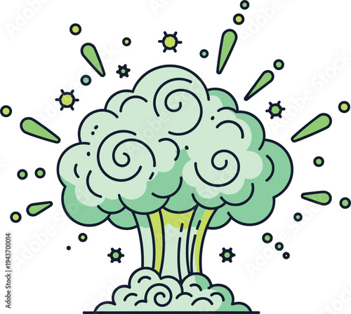 Cartoon green explosion cloud burst with splash particles comic boom effect element for games animation vector illustration