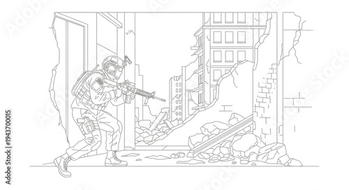 Soldier in tactical gear aiming assault rifle in destroyed urban environment, military action scene