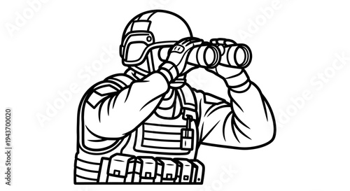 Soldier in tactical gear looking through binoculars, military surveillance, reconnaissance mission