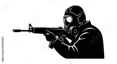 Soldier in Gas Mask with Rifle, Silhouette, Military, Danger, War Concept
