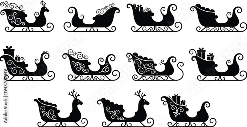 Christmas Santa sleigh silhouette collection, holiday decorative sleigh vector set, festive winter sleigh icons isolated black illustration