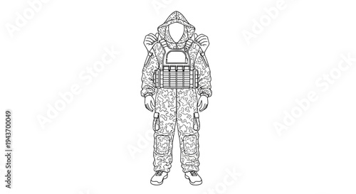 Soldier in protective suit and tactical vest, outline drawing