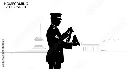 Soldier in Uniform Holding Flag Silhouette Against Monument Background