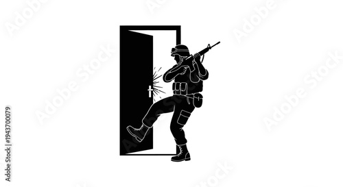 Soldier Kicking Door Open with Rifle Ready for Entry