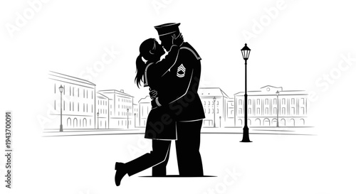 Soldier kissing woman in silhouette, reunion, love, city street, lamp post, buildings