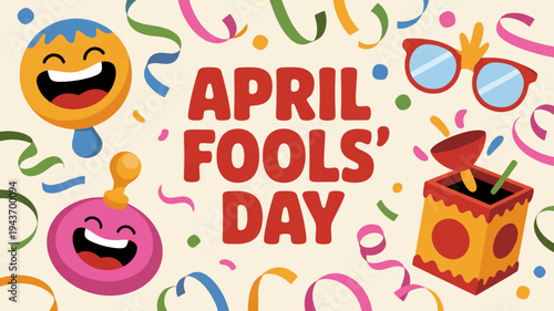 April fools' day celebration with colorful confetti emojis and party accessories