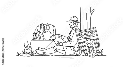 Soldier resting by campfire with horse and shield, historical scene