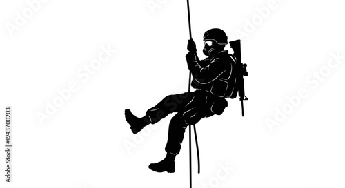 Soldier Rappelling Down Rope with Rifle and Gear, Military Action Silhouette