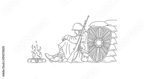 Soldier Resting by Campfire with Shield and Rifle
