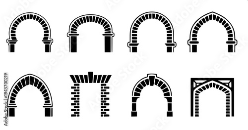 “Simple monochrome vector icon set of decorative architectural arches including gothic arch doorway, islamic horseshoe arch and roman round arch with pillars, thin line style.”