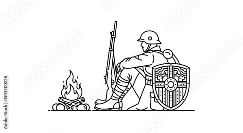 Soldier Resting by Campfire with Rifle and Shield, Historical Military Scene