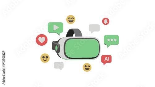 Virtual Reality Headset Surrounded by Social Media Icons and Emojis.