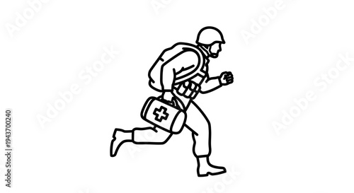 Soldier Running with Medical Bag, Emergency First Aid, Military Medic Concept