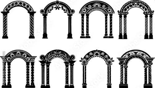 “Simple monochrome vector icon set of decorative architectural arches including gothic arch doorway, islamic horseshoe arch and roman round arch with pillars, thin line style.”