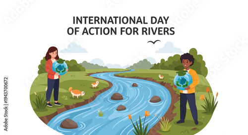 Illustration of people protecting a river on International Day of Action for Rivers with a conservation concept and sustainability theme in a natural landscape.