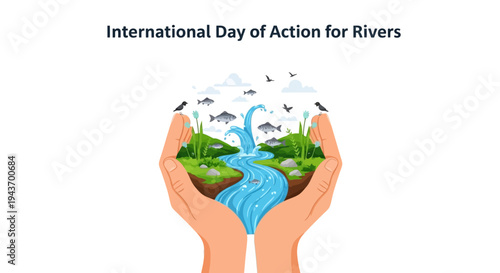 Illustration of hands holding a river ecosystem with fish and birds, symbolizing river conservation and sustainability for International Day of Action for Rivers.