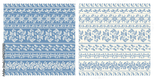 Set of Two Vintage Floral Stripes Seamless Patterns. Blue White Ornate Damask Striped Motifs. Decorative Vector Design. Hand drawing.